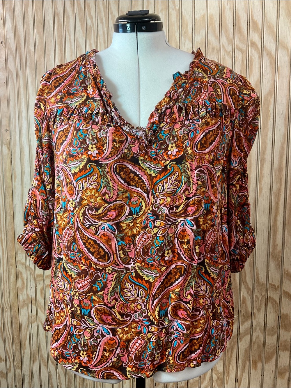 Democracy Paisley V-Neck Blouse in Brown, Pink and Teal
